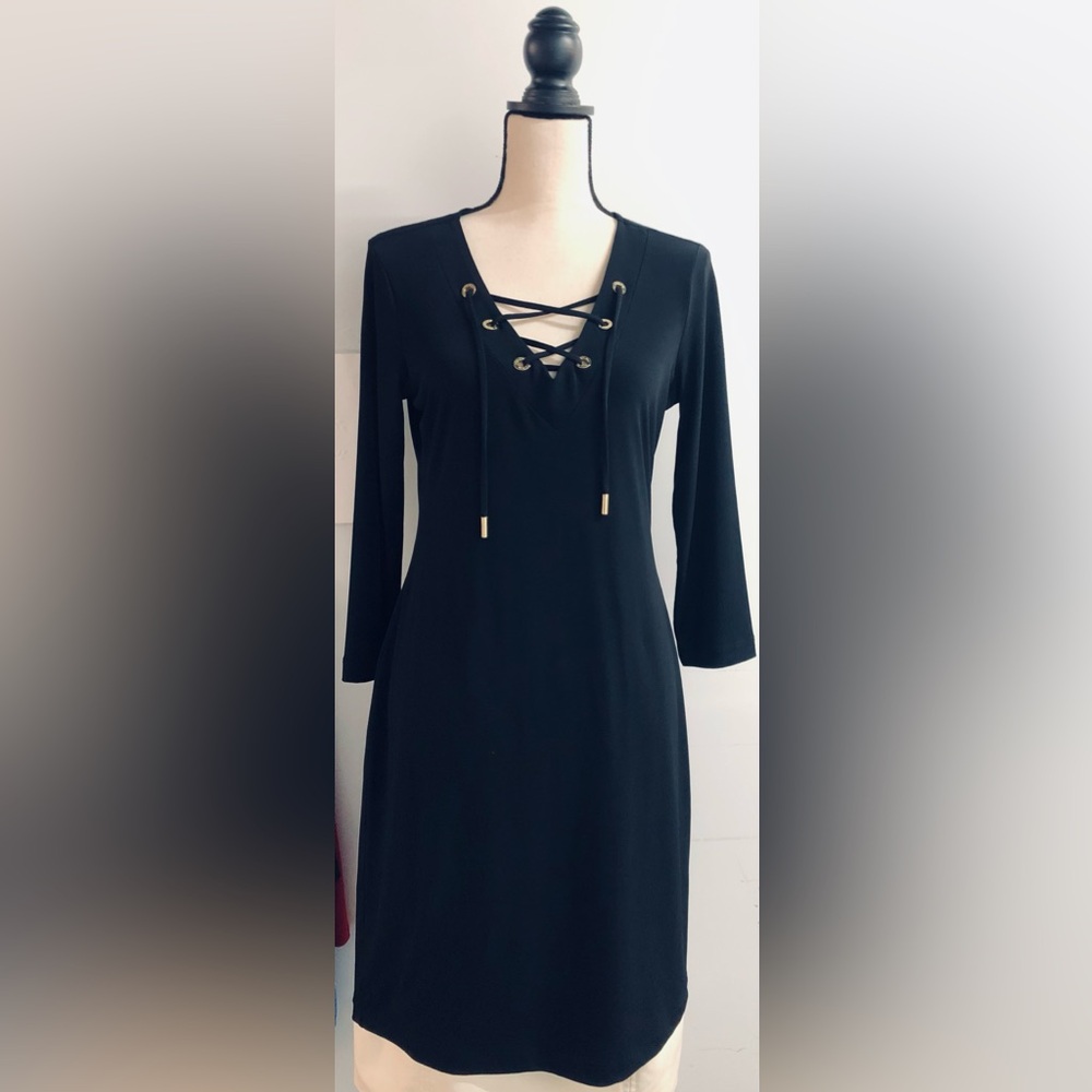 Sexy Gold Embellished 3/4 Sleeve Lace-up Black Dress